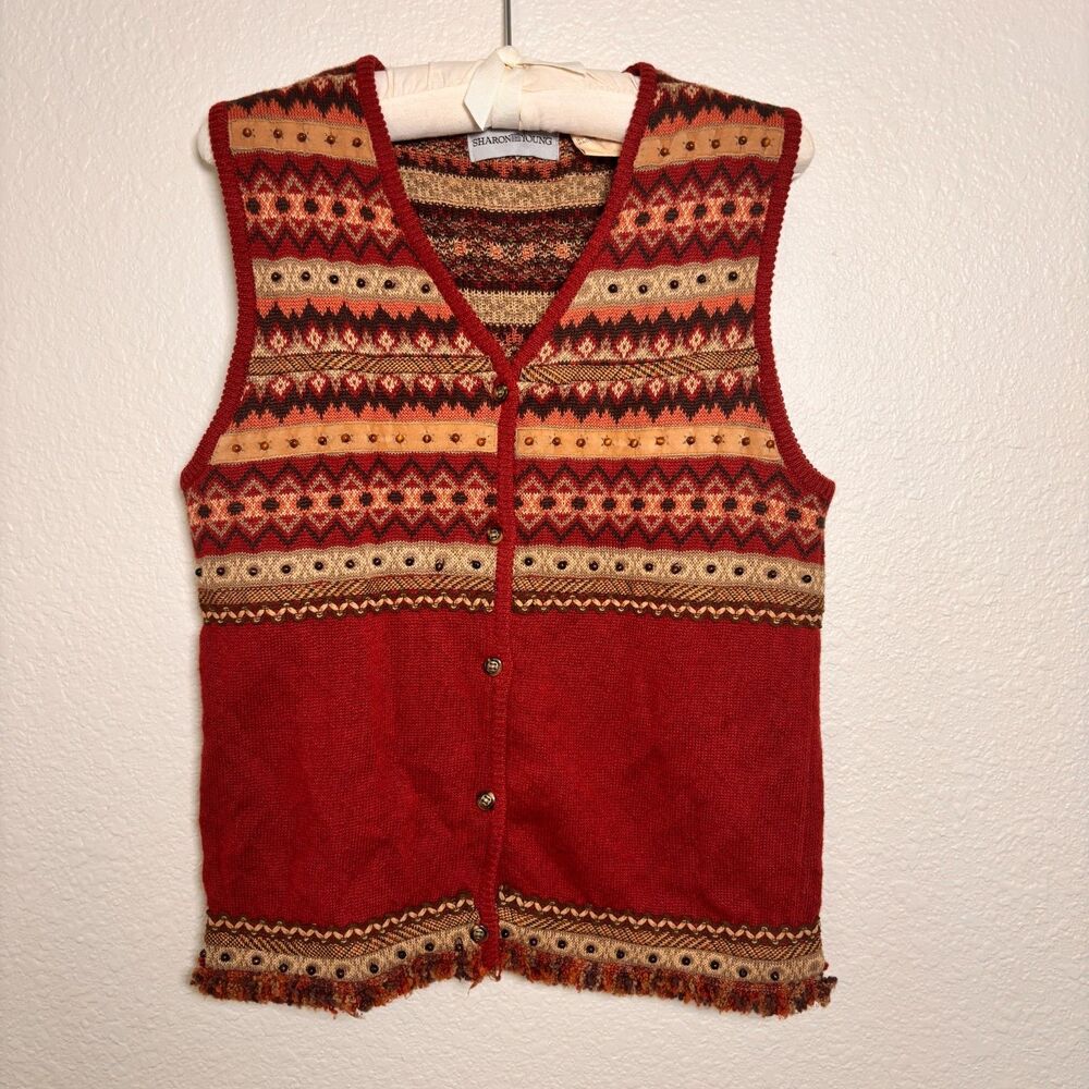 Vintage 90s Sweater Vest Womens Boho Southwestern Fair Isle Red Beaded Fringe